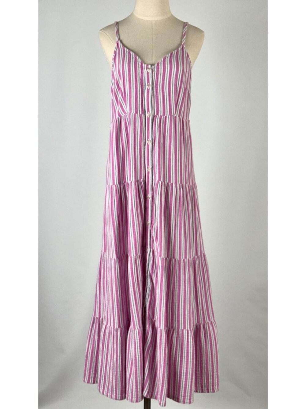 Universal Thread Cotton Vertical Pin Stripe Tiered Maxi Dress Double Gauze Pink